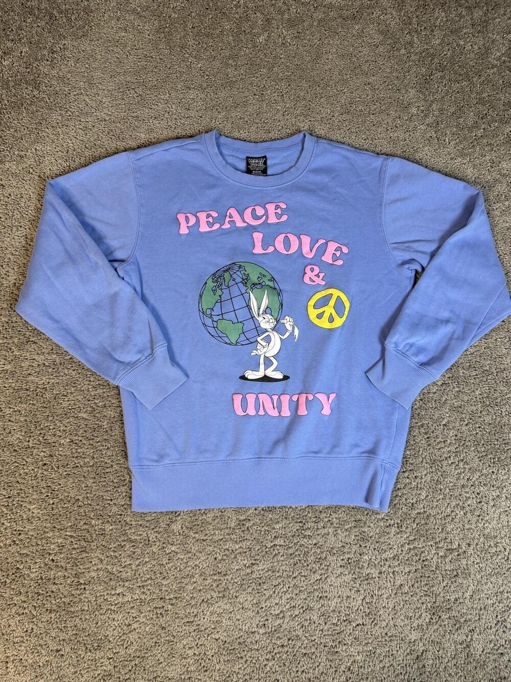 Looney Tunes Sweatshirt Mens M Blue Peace Love & Unity Graphic Bugs Bunny